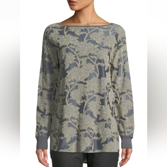 Lafayette 148 New York Tunic Top Phoenix Metallic Mesh Knit Long Sleeve Sz M - Picture 1 of 11